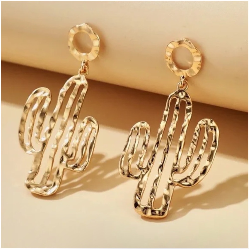 New Gold Large Cactus Hollow Western Earrings